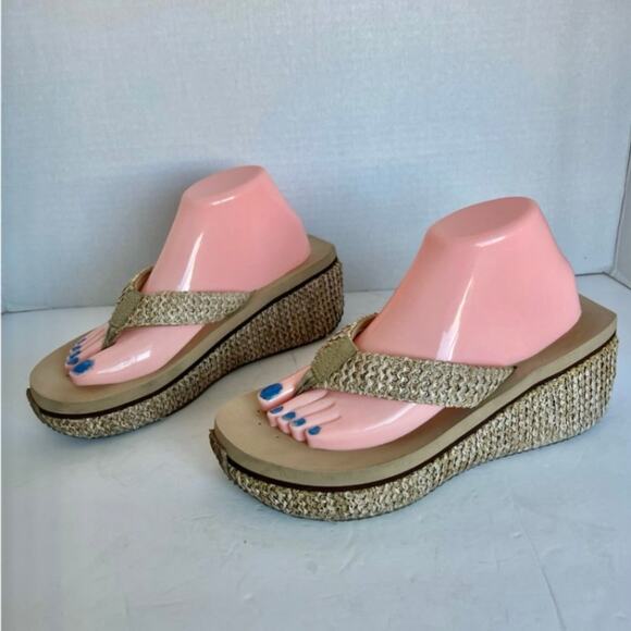 Volatile Island Natural Woven Tan Platform Wedge Thong Flip-Flop Sandals 10 - Picture 1 of 11